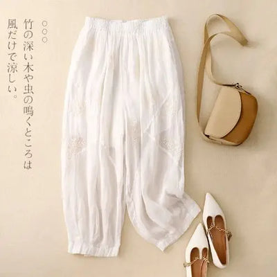 Cotton and Linen Harem Women Summer Vintage Embroidery Lightweight Breathable Lantern Pants