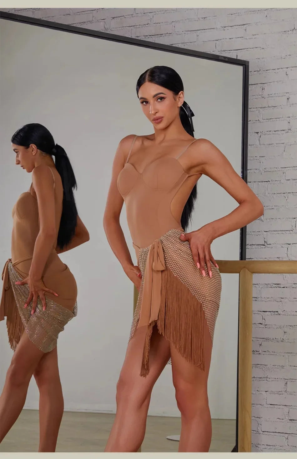 Female Latin Dance Dress Women Performance Belly Modern Dancing Dresses Striped Bare Back Design Bodysuit