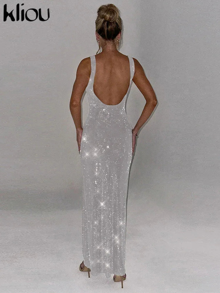 kliou Sequins Women Maxi Dress Stunning Shiny Elegant Sleeveless Backless Sheath Vestidos Mujer Elegant Fashion Evening Bodycon