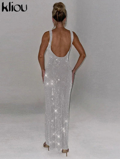 kliou Sequins Women Maxi Dress Stunning Shiny Elegant Sleeveless Backless Sheath Vestidos Mujer Elegant Fashion Evening Bodycon