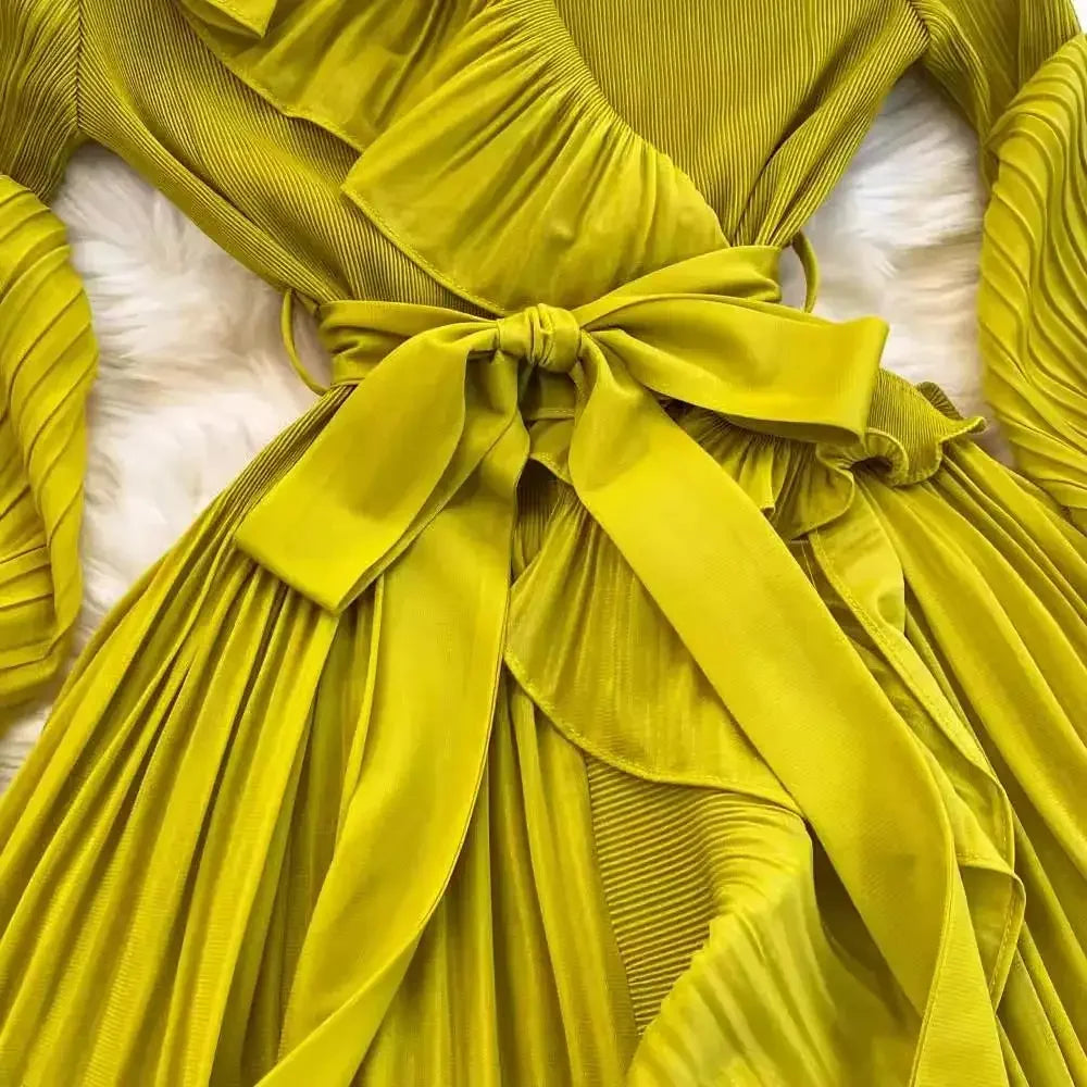 Women's V Neck Ruffles Splice Lantern Sleeve High Stretch Oversized Dresses Miyake Maxi Pleated 2025 Spring Long Party Clothing