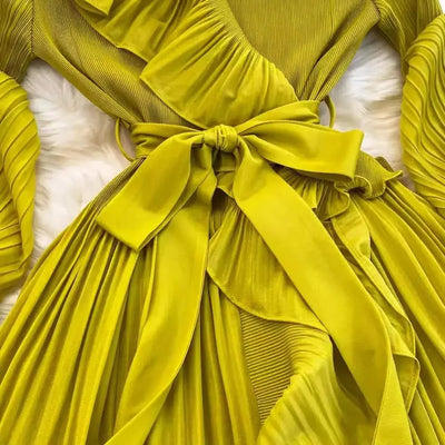 Women's V Neck Ruffles Splice Lantern Sleeve High Stretch Oversized Dresses Miyake Maxi Pleated 2025 Spring Long Party Clothing