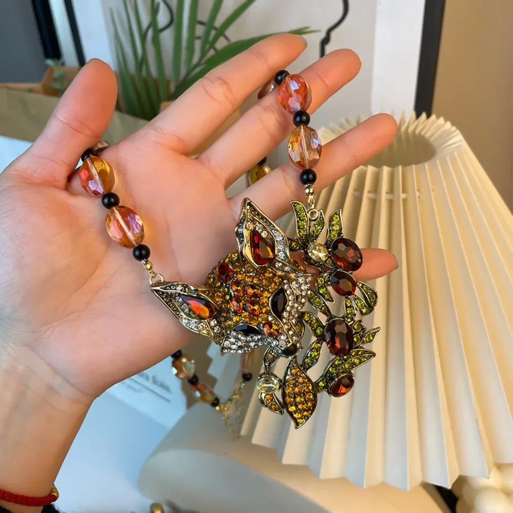 Luxury Crystal Cat Necklace Earrings Beaded Exaggerated Rhinestones Pendant Necklace Accessories Neck Jewelry