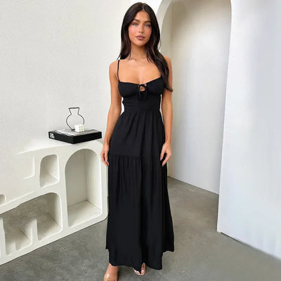 BOOFEENAA Halter Backless Maxi Long Dress Sexy Vacation Outfits White Black Summer Dresses for Women Clothes 2024 C66-CH28