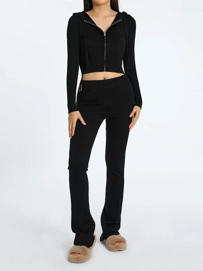 Women Tracksuit  Knit Lounge Set Long Sleeve Zip Up Hoodie with High Waist Wide Leg Pant 2 Piece Sweater Ensemble Casual Set