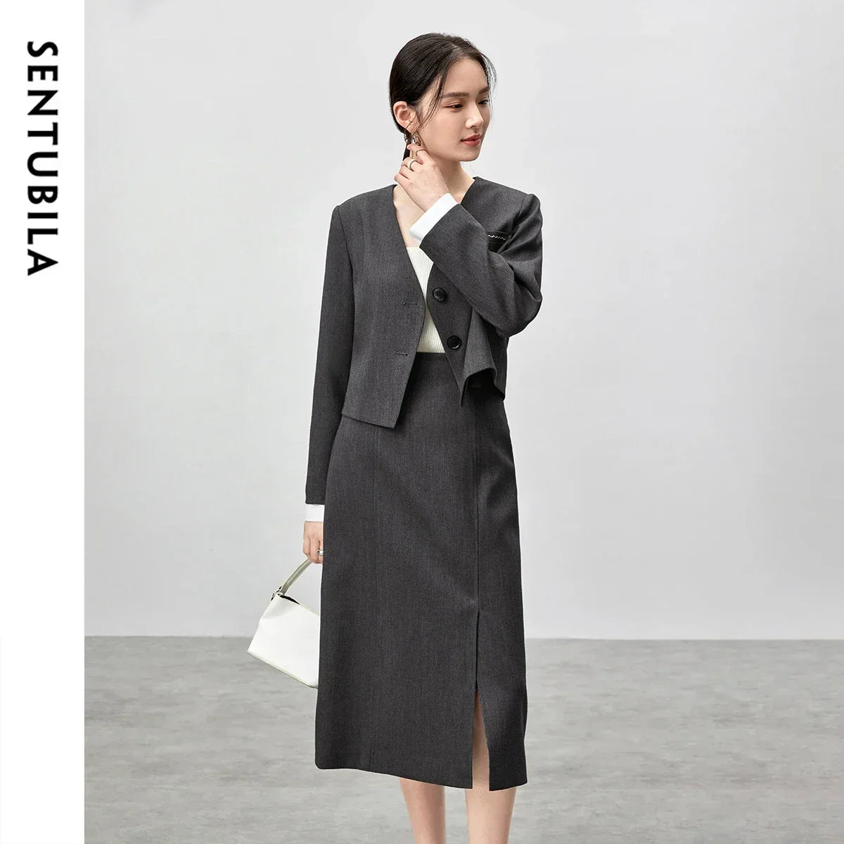SENTUBILA Two Piece Skirt Sets Women Outfits 2025 Spring Office Ladies V Neck Grey Blazer Jackets Straight Slit Skirt 143Z56241