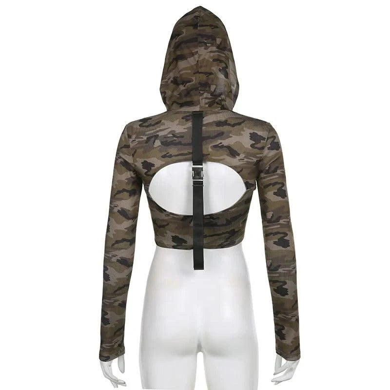 American Camo Streetwear Tops Women Back Hollow Out
