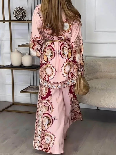 Wide Leg Pants Printing Patchwork 2PCS Outfit, Women Spring Summer Single-Breasted Fashion Sets, Turn-Down Collar Ladies Suits