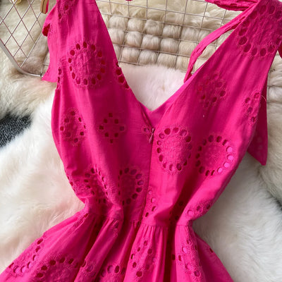 French Vintage Hollow Out Embroidery Butterfly Bow Bandage Slip Dress A-line Chic Casual Beach Vacation Women Summer Dresses
