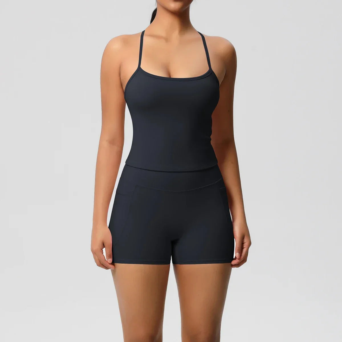 2PCS Sportswear With Pocketed Yoga Set Gym Clothes Yoga Suits For Women Tracksuits Sports Shorts Crossover Bra Gym Leggings
