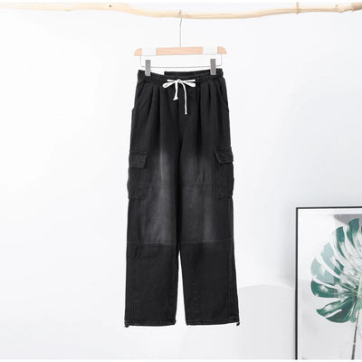 Denim Trousers For Men Adjustable Drawstring Y2k Versatile Baggy Cargo Jeans Men's Hippie Jogging Wide leg Pants Male Streetwear