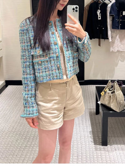 Autumn 2025 New Sle Blue een Tweed round Ne Single Button ort Quilted Jaet Women's Faion Outerwear Small Fraanc...