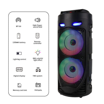 Bluetooth-Compatible Speaker Loud Boombox with Double Subwoofer Deep Bass Lights Outdoor Speaker Support USB/TF/AUX/FM/BT/MIC