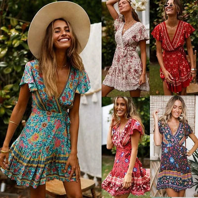 Elegant Women's Dresses Summer Bohemian Dress Vestidos Curtos Mujer Kadın Elbisesi Yazlık Kısa Elbiseler Midi Elbiseler Robe Ete
