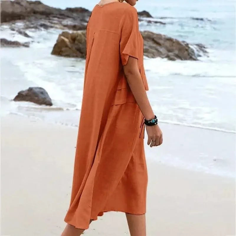 2025 Summer Fashion New Women's Elegant Long Cotton and Hemp Dress Round Neck Vacation Short Sleeve Medium Long Dress