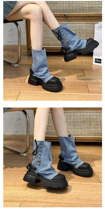 Women Boots British Fashion Pants Leg Boots  New Thick Soled Rivet Zipper Belt Buckle Platform Anti Slip Cowboy Short Boots