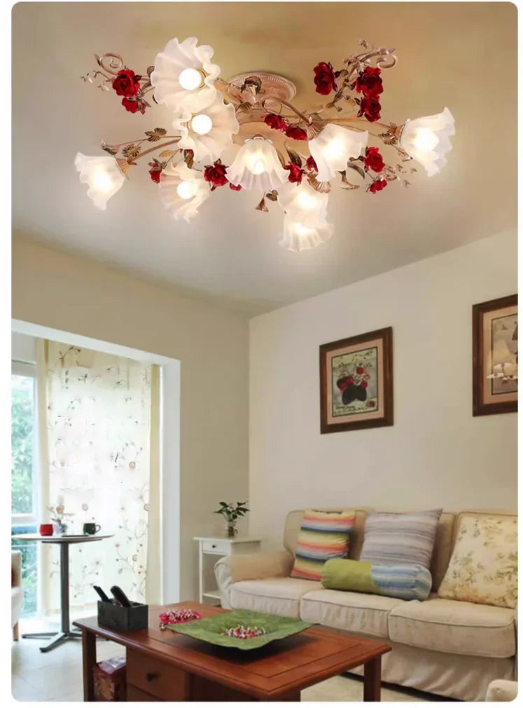 Home Decor Pastoral Retro LED Ceiling Lamp Warm Romantic Flower Chandeliers Fixtures for Living Room Bedroom Lighting Luminaire