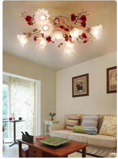 Home Decor Pastoral Retro LED Ceiling Lamp Warm Romantic Flower Chandeliers Fixtures for Living Room Bedroom Lighting Luminaire