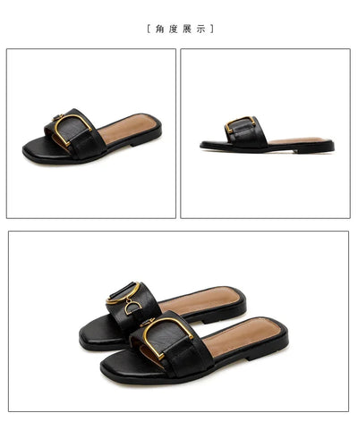 Summer Women Slippers Leather Square Toe Women Flats Flip Flops Designer Ladies Slides Sandals Women Shoes Luxury Sandals