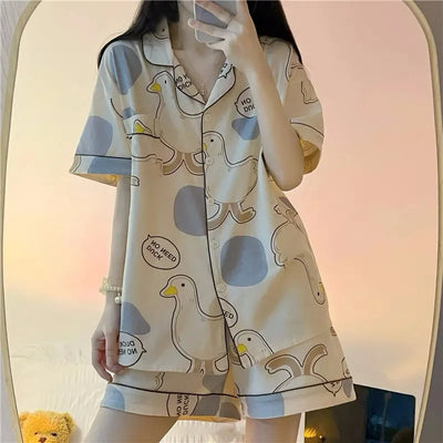 Women's Pajamas Loungewear Cartoon Goose Nightwear Homewear Ladies Tops and Pants V-Neck Sleepwear Comfortable and Breathable