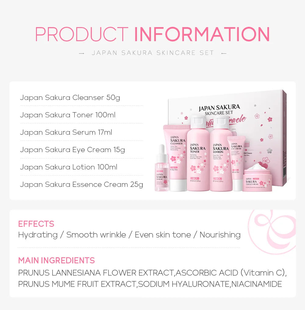 LAIKOU Sakura Skin Care Sets Facial Cleanser Eye Creams Face Cream Serum Lotion Toner Brightening Moisturizing Face Care Kit