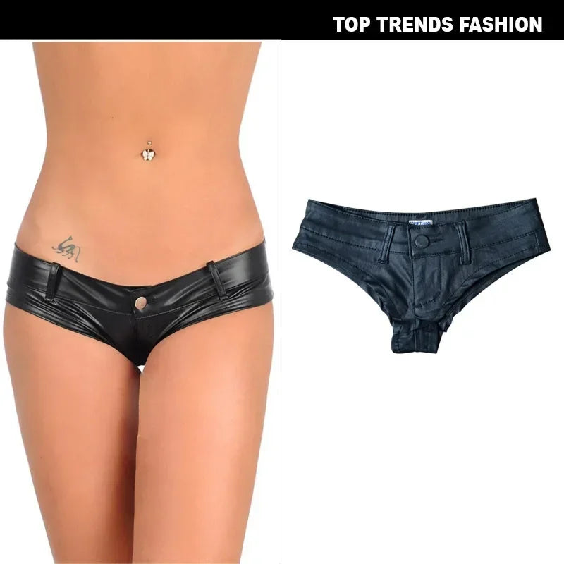 Womens Shorts Nightclub Sexy Low Waisted Elastic Denim PU Faux Leather Button Up Zippered Hot Pants for Women