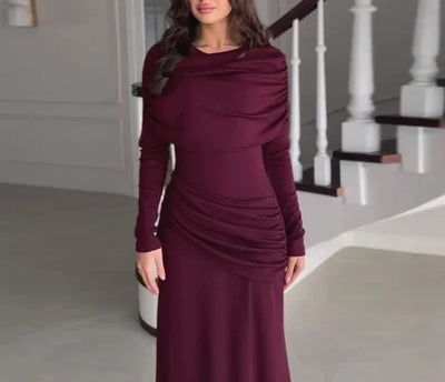 Womens Dresses  Spring New Round Neck Long Sleeves Elegant Temperament Ruched Waist Cinching Skinny Evening long Dress