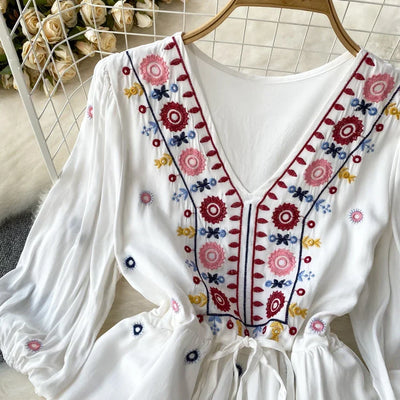 Boho Dress for Women Embroidery Floral Print V-neck Elastic Waist Lace-up Dresses with Belt Summer Vestidos Folds Dropshipping
