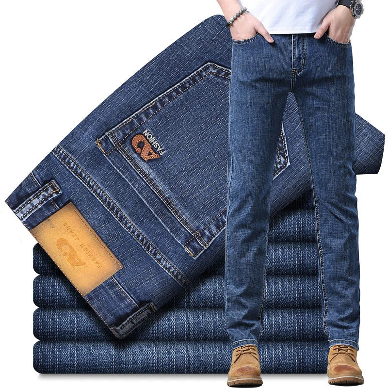 2024 Spring Summer New Men's Slim Thin Jeans Retro Light Blue Cotton Stretch Denim Pants Male Fashion Casual Brand Trousers