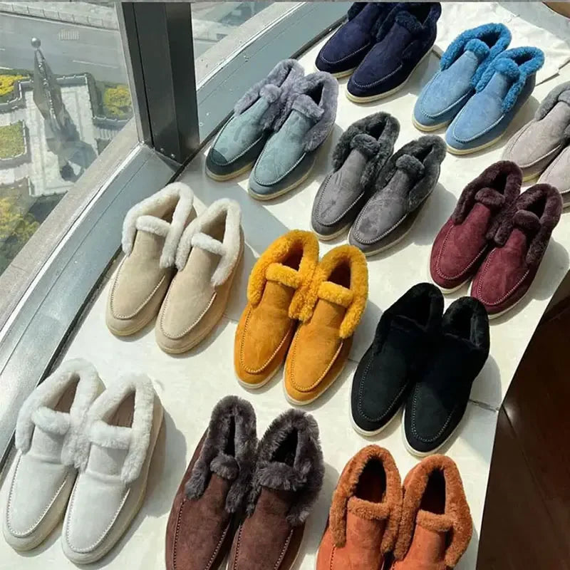 Fur Ankle Boots Women's Cow Suede Loafers High Quality 2025 Winter Flat Shoes Fur Integrated Warm Snow Boots
