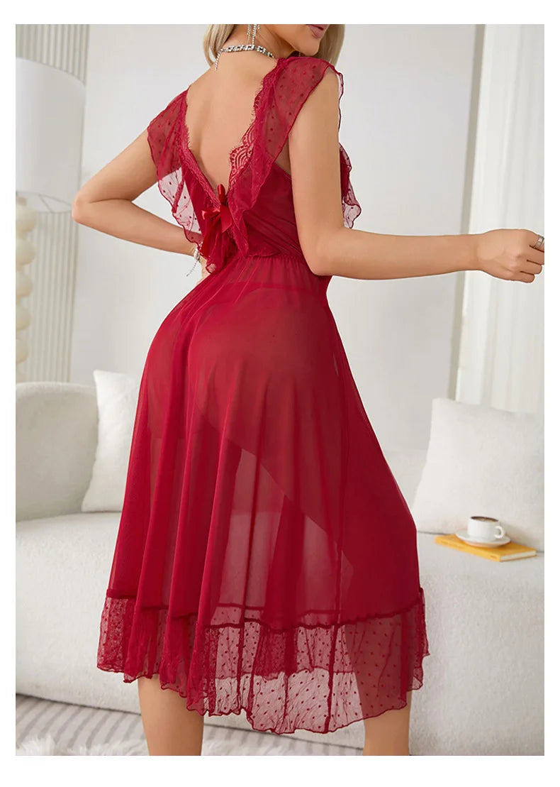 Women's Sexy Lingerie Nightgown Semi Sheer Babydoll Sleepwear Dress With Polka Dots Bow Knot Decor Summer Mesh V-Neck Loungewear
