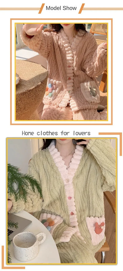 Thickened Warm Flannel Women Sleepwear Loungewear Cardigan Suit Winter Sweet Kawaii Soft Fairy Wind Ladies Pajamas Homewear