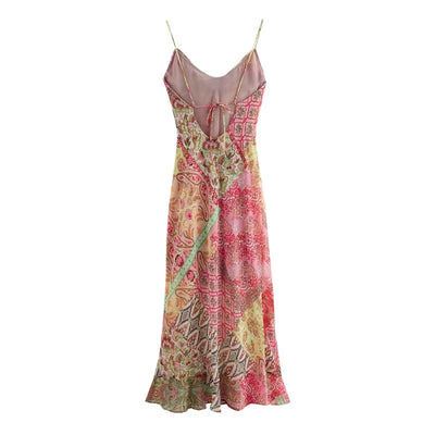 Women's Slip Dress 2024 New Fashion Summer Patchwork Print Backless Dresses for Women Casual Chic Ladies Midi Dress