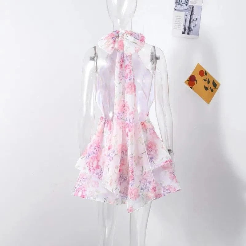 Elegant Floral Short Dress Summer Holiday Outfits Women Layered Party Dresses Sexy Halter Bow Lace-up Ruffled Hem Puffy Dress