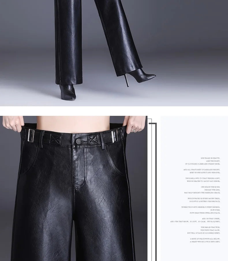 Women  Wide Leg PU Leather Pants  Autumn Winter Fashion Warm Long Pants Back Elastic Waist  Straight Elegant  Leather Trousers