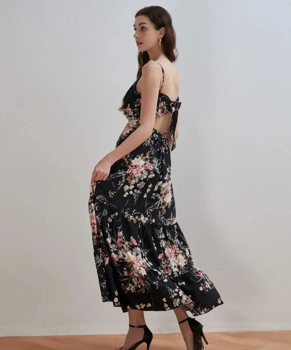 Women's Summer Black Floral V Neck Sleeveless Backless Halter Dress Fashion Elegant Sexy Bow Tie Black Backless Party Dresses