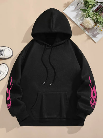 Street Women Sweatshirts Passionate Love Flame Heart Printed Hoodies Crewneck Loose Pullover Fleece Warm Female Tops Clothes