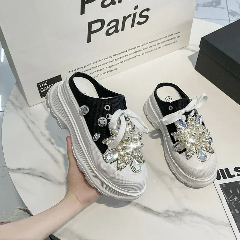Spring New Women Sneakers Slipper Designer Platform Mules Flat Sandal Sweet Casual Lace Up Pearl Crystal Shallow Ladies Shoes