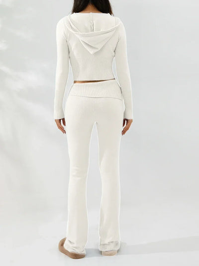 Women Tracksuit  Knit Lounge Set Long Sleeve Zip Up Hoodie with High Waist Wide Leg Pant 2 Piece Sweater Ensemble Casual Set