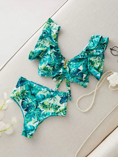 Swimwear High Waist Bikinis with Belt V Neck Shirring Swimsuit Women Ruffle Bathing Suit y2k Drawstring Beachwear