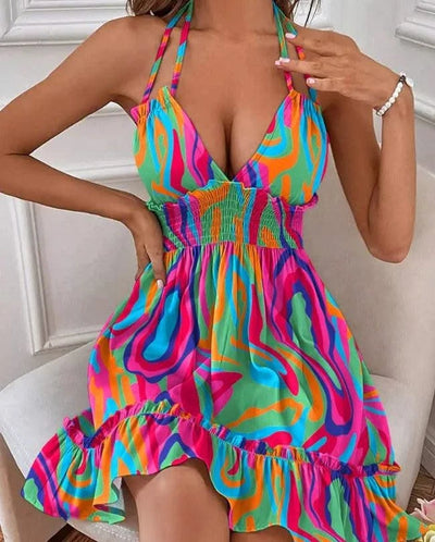 Summer Dresses For Women Trendy Solid Boho Dress V Neck Sleeveless Halter Backless Sundress Ruffles Holiday Beach Dresses