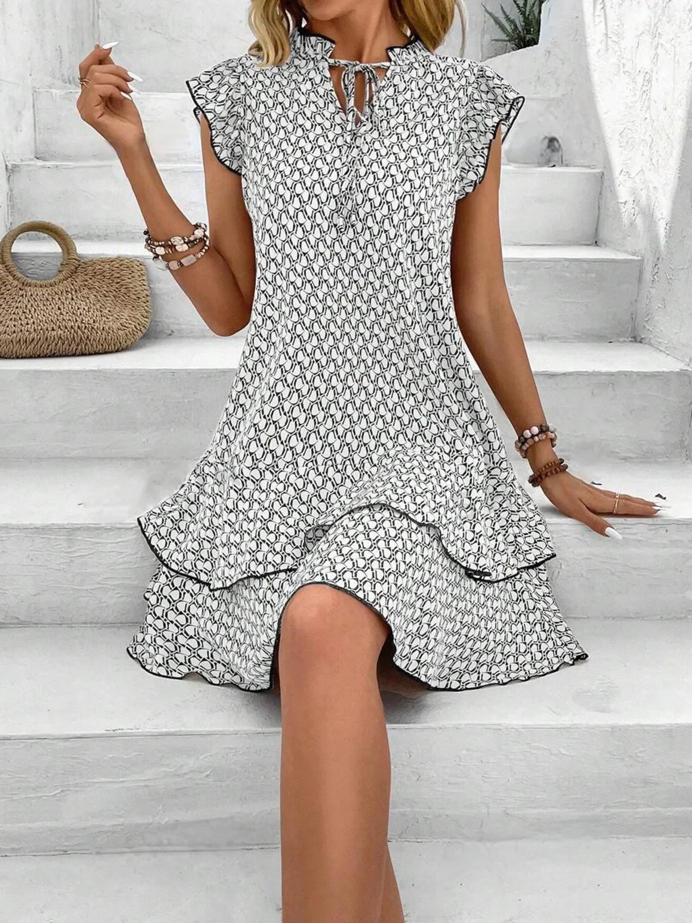 Women's Summer Mini Dress A-line Print V-neck Fiying Sleeve Lady Loose Hem Bohemian Fashion Casual Dresses For Women Clothing