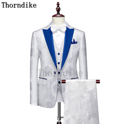 Thorndike Classic White Groom Tuxedo Groomsmen One Buttons Royal Blue Peaked Lapel Best Man Suit Wedding Men's Blazer Costume