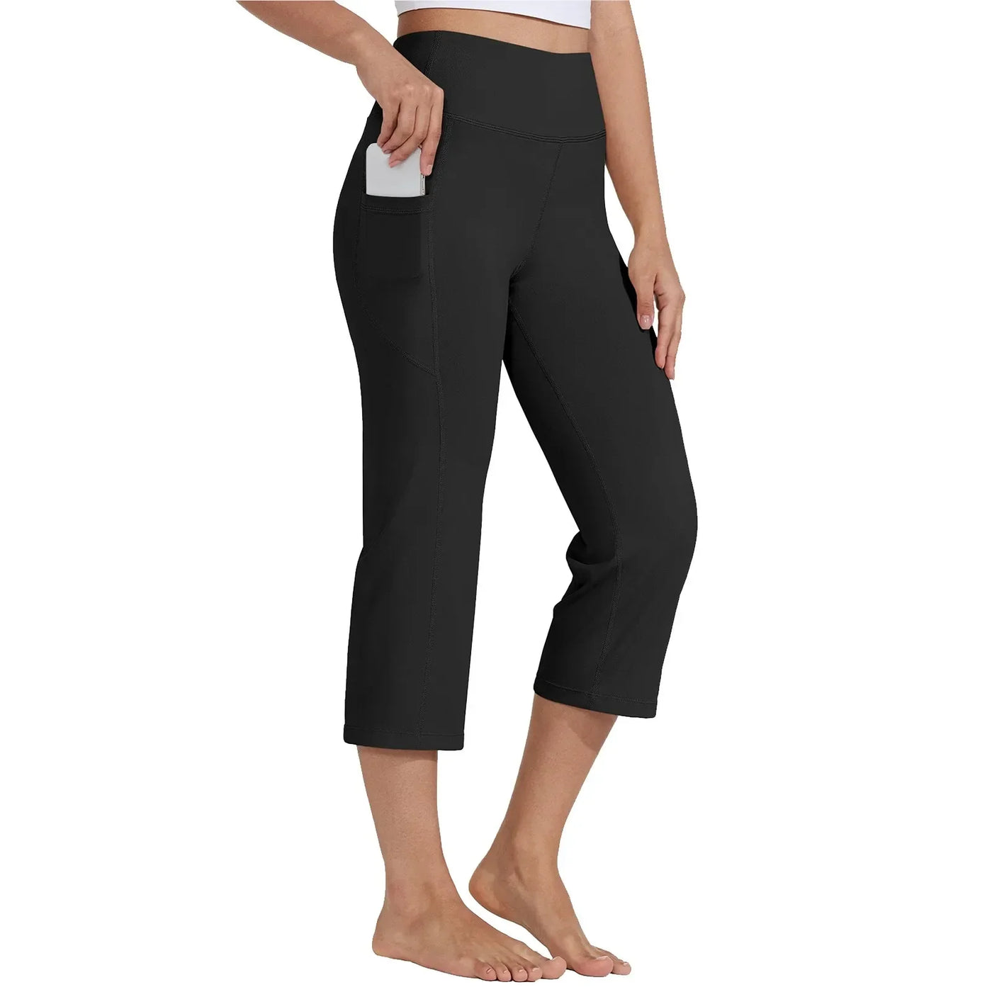 Women  Elastic High Waist 3/4 Pant Casual Active  Fit Wide Capris Leg Pants Trousers With Pockets Pants Woman брюки женские