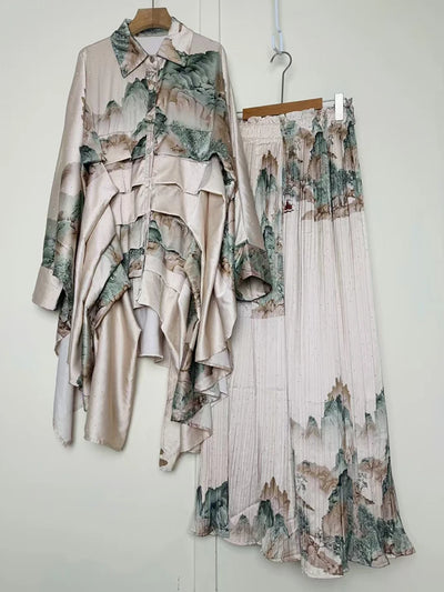 2025 Summer Women's Retro Geometric Printed Multi layered Flaw Loose Irregular Shirt Set+High Waist Wide Leg Pants Fashion Set