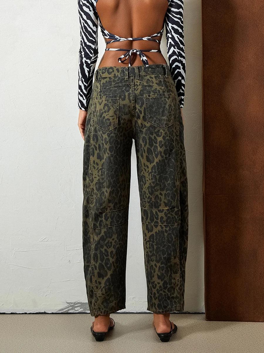 Leopard Barrel Jeans Women Cheetah Print Baggy Boyfriend Jeans Pants Vintage Mid Rise Wide Leg Denim Tapered Jeans