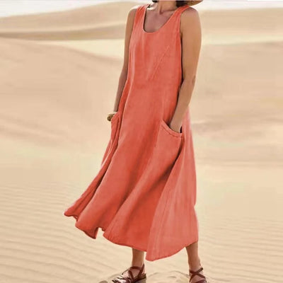 Cotton Linen Sleeveless Dress for Women Summer Pullover Skirt Vestidos Fashion Female Clothing Short Sleeved Loose Long Dress