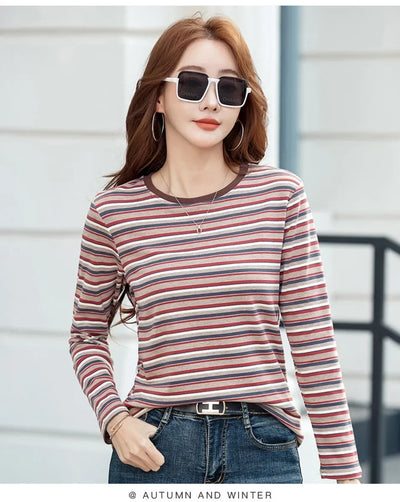 2024 New Women Clothing Crew Neck Striped Bottom Shirt Spring and Autumn Long Sleeve Tops T-Shirt Loose Interior Casual Top