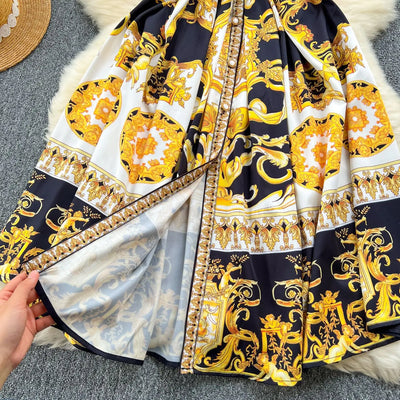 Summer Print Dress Women Sleeveless Elegant High Waist A-line Long Dresses for Women
