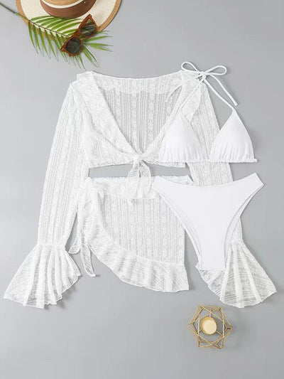 2025 Sexy Four-piece Women Swimsuit Long-sleeve Cover-up Swimwear Summer Solid Bikini Set Brazilian Beachwear Party bathing suit